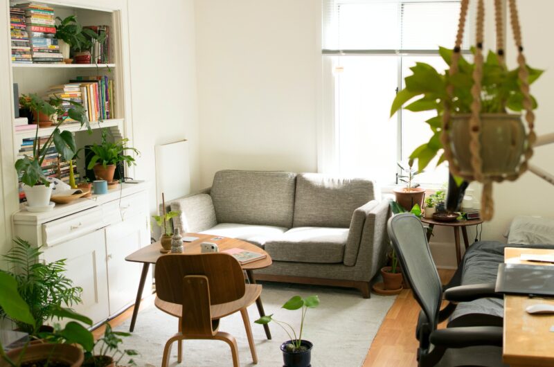 Room with a lot of green plants, a shelf with books, two tables and a bed.