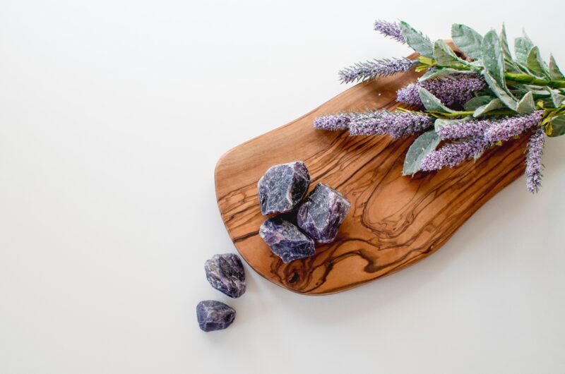 Gemstones on a wooden plate